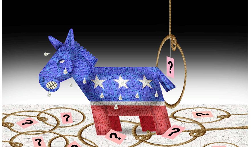 Illustration on questions for Democratic candidates for president by Alexander Hunter/The Washington Times