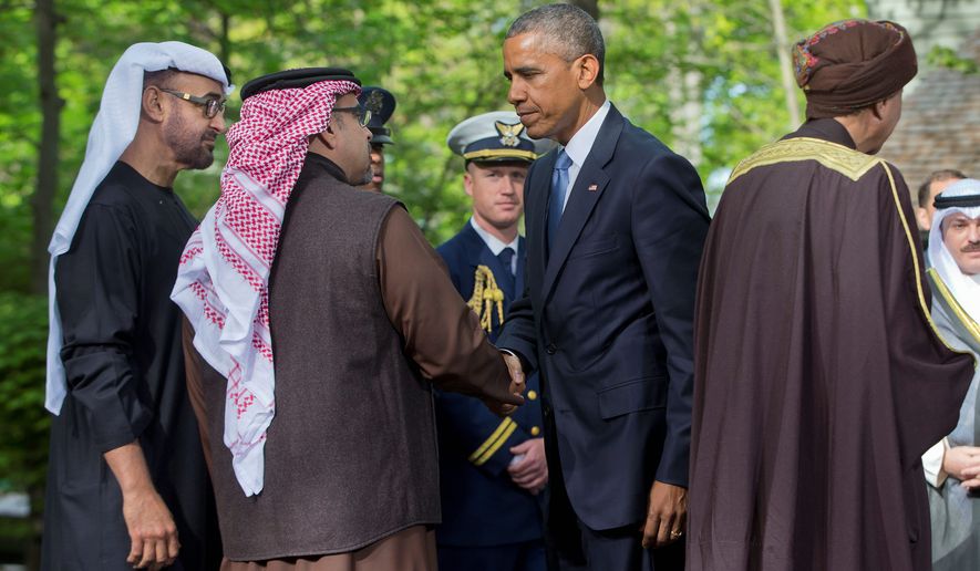 President Obama (center) bids farewell to leaders from six Gulf nations, who are trying to work through tensions sparked by the U.S. bid for a nuclear deal with Iran, a pursuit that has put regional partners on edge. Mr. Obama is seeking to reassure the Gulf leaders that the U.S. overtures to Iran will not come at the expense of commitments to their security. (Associated Press)
