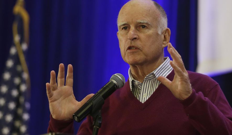 FILE - In this May 6, 2015 file photo, Gov. Jerry Brown speaks at the Association of California Water Agencies conference in Sacramento, Calif. Brown is expected to maintain a slow-growth approach for California when he updates his spending plan Thursday, May 14, 2015, while responding to pressure from fellow Democrats seeking to close the income gap by offering a $380 million-a-year proposal to create tax credit for the working poor. (AP Photo/Rich Pedroncelli, File)