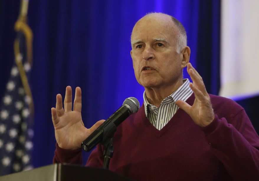 FILE - In this May 6, 2015 file photo, Gov. Jerry Brown speaks at the Association of California Water Agencies conference in Sacramento, Calif. Brown is expected to maintain a slow-growth approach for California when he updates his spending plan Thursday, May 14, 2015, while responding to pressure from fellow Democrats seeking to close the income gap by offering a $380 million-a-year proposal to create tax credit for the working poor. (AP Photo/Rich Pedroncelli, File)