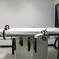 The lethal injection chamber is seen at the Nebraska State Penitentiary in Lincoln, Nebraska. Gov. Pete Ricketts sent an email to reporters Thursday night saying the state had been able to purchase all three drugs used in its execution protocol — potassium chloride, sodium thiopental and pancuronium bromide. (Associated Press)