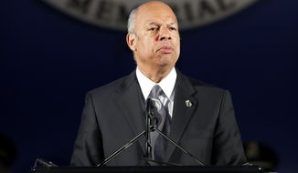 Secretary of the Department of Homeland Security Jeh Johnson speak during the National Law Enforcement Officers Memorial Fund&#39;s Annual Candlelight Vigil, Wednesday, May 13, 2015 in Washington. (AP Photo/Alex Brandon)