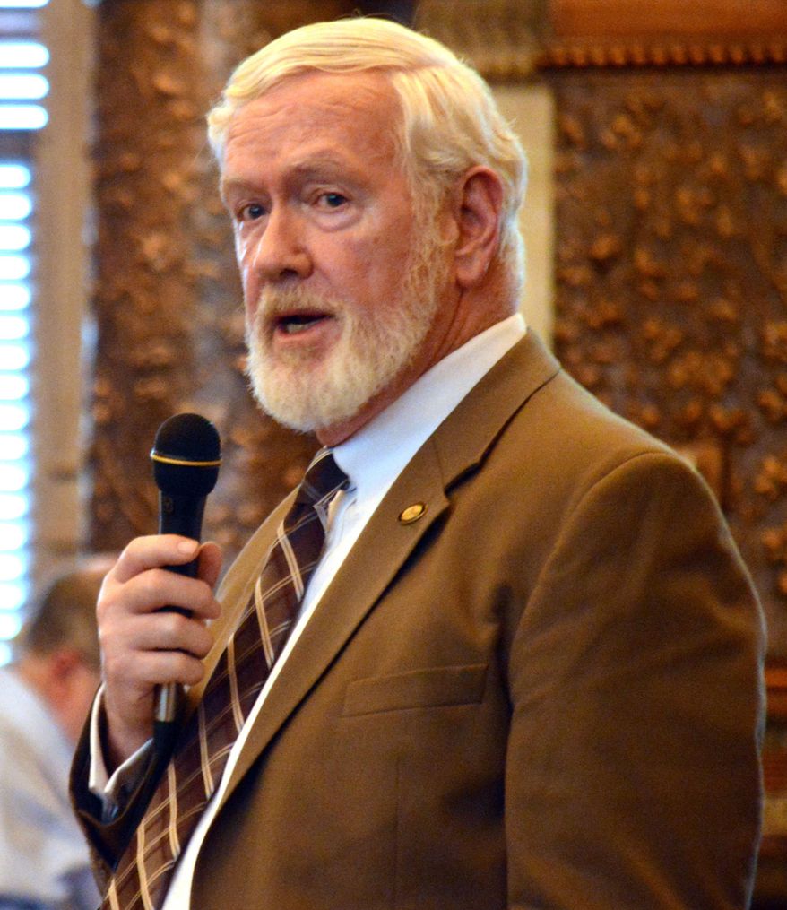Kansas Sen. Steve Fitzgerald, R-Leavenworth, speaks in favor of a proposal aimed at bringing slot machines to The Woodlands dog and horse racing park in Kansas City during a Senate debate on the measure Thursday, May 14, 2015, at the Statehouse in Topeka, Kan. (AP Photo/Nicholas Clayton)