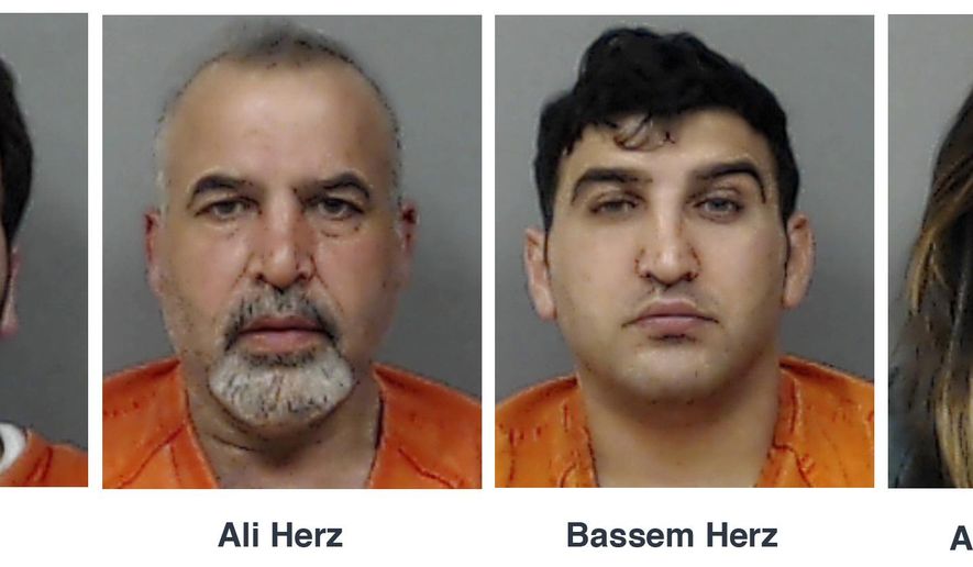 This combo of booking photos released by Linn County Sheriff's Office in Cedar Rapids. Iowa, shows four relatives, from left, Adam Herz, Ali Herz, Bassem Herz and Al Sarah Zeaiter, who are charged in Iowa on Tuesday, May 12, 2015, with conspiring to smuggle guns and ammunition to Lebanon that were hidden with equipment exports and supplies for Syrian refugees. Federal agents intercepted cargo containers in March and again last week that were bound for Beirut carrying a total of 152 firearms and 16,000 rounds of ammunition, according to a criminal complaint. The complaint says the four came under suspicion as they stockpiled more than $100,000 worth of guns and ammunition legally purchased from dealers in eastern Iowa over the last 17 months. (Linn County Sheriff's Office via AP)