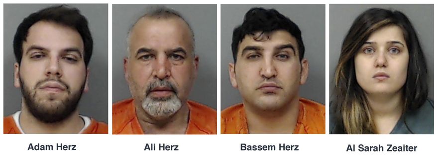 This combo of booking photos released by Linn County Sheriff's Office in Cedar Rapids. Iowa, shows four relatives, from left, Adam Herz, Ali Herz, Bassem Herz and Al Sarah Zeaiter, who are charged in Iowa on Tuesday, May 12, 2015, with conspiring to smuggle guns and ammunition to Lebanon that were hidden with equipment exports and supplies for Syrian refugees. Federal agents intercepted cargo containers in March and again last week that were bound for Beirut carrying a total of 152 firearms and 16,000 rounds of ammunition, according to a criminal complaint. The complaint says the four came under suspicion as they stockpiled more than $100,000 worth of guns and ammunition legally purchased from dealers in eastern Iowa over the last 17 months. (Linn County Sheriff's Office via AP)