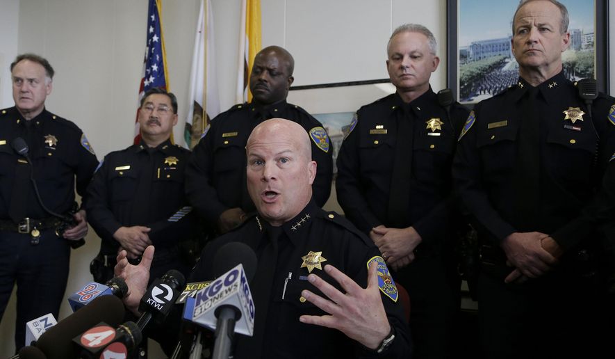 FILE - In this Feb. 27, 2014 file photo, San Francisco Police Chief Greg Suhr speaks during a news conference at the Hall of Justice in San Francisco. The original charges were shocking enough: six San Francisco police officers were accused of stealing from suspects living in seedy residential hotels. Then federal prosecutors released racist, homophobic and ethnically insensitive email and text messages exchanged among more than a dozen officers, prompting the San Francisco district attorney to launch a wide-ranging investigation of the police department while considering dismissing up to 3,000 criminal cases involving the officers. (AP Photo/Jeff Chiu, File)