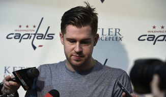 Washington Capitals defenseman Mike Green speaks to reporters at Kettler Capitals Iceplex in Arlington, Va., Friday, May 15, 2015. The Capitals hockey team was eliminated from the Stanley Cup Playoffs and spent the day cleaning out their lockers in preparation for the off season. (AP Photo/Susan Walsh)