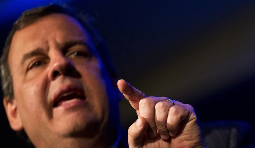 New Jersey Gov. Chris Christie gestures while speaking at a breakfast ahead of this afternoon&#x27;s convening of the Georgia Republican Convention, Friday, May 15, 2015, in Athens, (AP Photo/David Goldman)