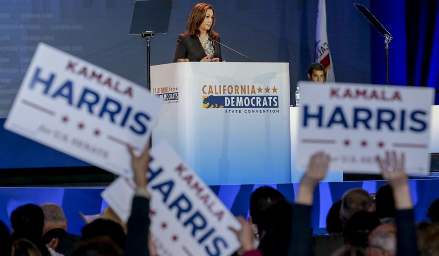 California State Attorney General Kamala Harris speaks to California Democrats, who now have a second candidate to consider for the U.S. Senate at the California Democrats State Convention in Anaheim, Calif., on Saturday, May 16, 2015. (AP Photo/Damian Dovarganes)