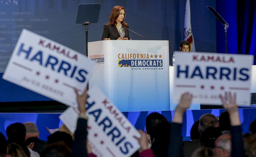 California State Attorney General Kamala Harris speaks to California Democrats, who now have a second candidate to consider for the U.S. Senate at the California Democrats State Convention in Anaheim, Calif., on Saturday, May 16, 2015. (AP Photo/Damian Dovarganes)