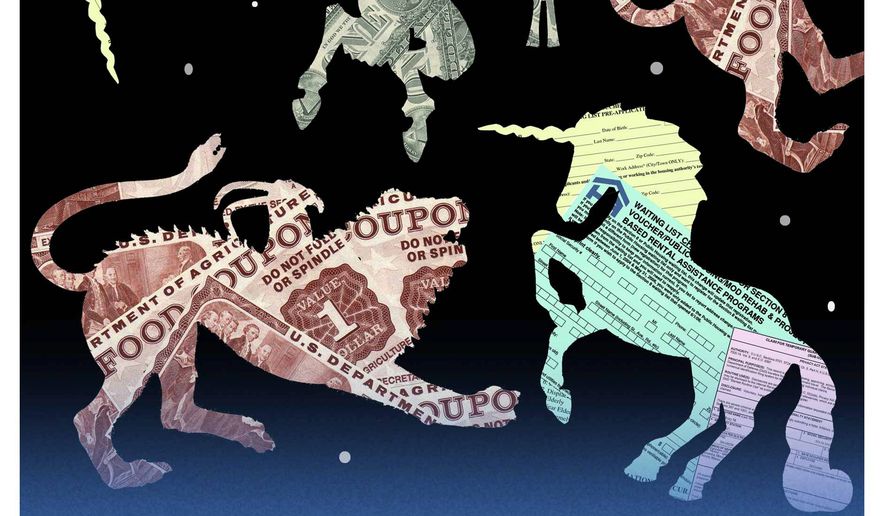 Illustration on the mythological impact of federal assistance on poverty by Alexander Hunter/The Washington Times