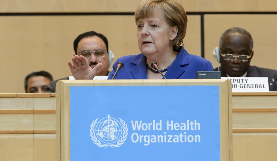 German Chancellor Angela Merkel, speaks during the opening of the 68th World Health Assembly at the European headquarters of the United Nations in Geneva, Switzerland, Monday, May 18, 2015. (Jean-Christophe Bott/Keystone via AP)