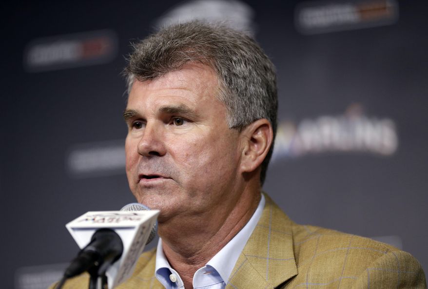 Miami Marlins new general manager Dan Jennings speaks during a news conference where he was named manager of the Marlins, Monday, May 18, 2015, in Miami. Jennings replaces Mike Redmond who was fired Sunday after the Marlins were nearly no-hit in a 6-0 loss to the Atlanta Braves that completed a three-game sweep. (AP Photo/Lynne Sladky)