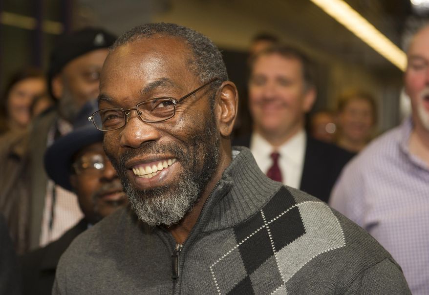 FILE-This Friday, Nov. 20, 2014 file photo shows Ricky Jackson, 57, of Cleveland, smiling as he speaks with reporters, after being released from a life sentence an hour earlier, in Cleveland. Jackson,who spent nearly 40 years in prison for a murder he didn’t commit has sued the Cleveland police officers whom he says framed him in 1975. (AP Photo/Phil Long, File)