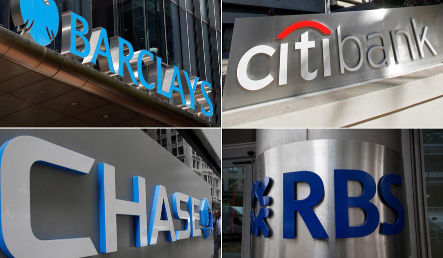This combination made from file photos shows signage for four banks, Barclays, Citigroup, JPMorgan Chase, and the Royal Bank of Scotland, that will pay $2.5 billion in fines and plead guilty to criminally manipulating global currency market going back to 2007. The banks conspired with one another to fix rates on U.S. dollars and euros traded in the huge global market for currencies, according to a settlement announced Wednesday, May 20, 2015, between the banks and U.S. Justice Department. (AP Photo/Lefteris Pitarakis/Nick Ut/Kathy Willens/Matt Dunham)