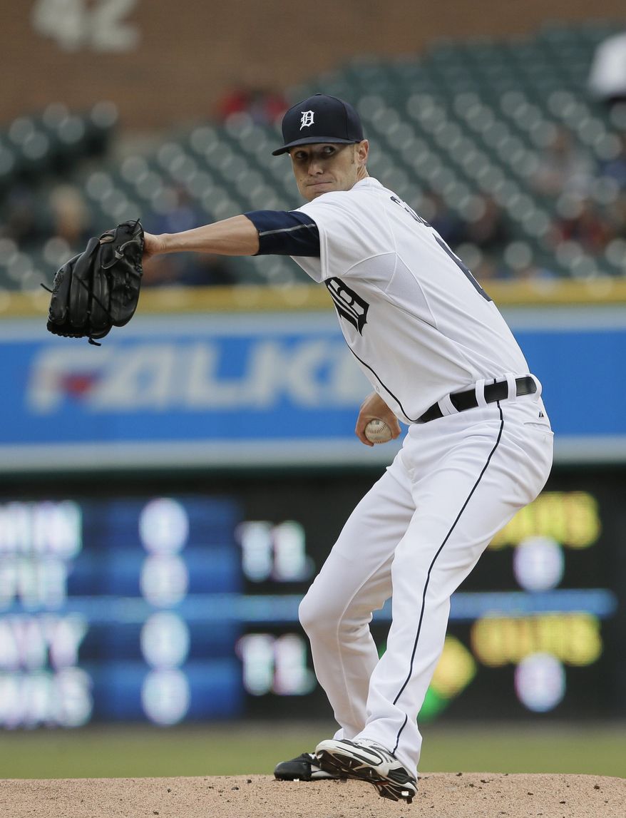 Detroit Tigers starting pitcher Shane Greene throws during the first inning of a baseball game against the Milwaukee Brewers, Wednesday, May 20, 2015, in Detroit. (AP Photo/Carlos Osorio)