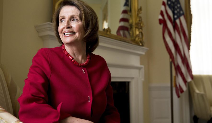 In this May 13, 2015, photo, House Minority Leader Nancy Pelosi of Calif., speaks to the Associated Press in her office on Capitol Hill in Washington. As House Speaker, Pelosi delivered the signature achievement of President Barack Obama’s first term: his health care bill. Now Obama’s top second-term goal, a major trade deal, hangs in the balance on Capitol Hill and Pelosi is again on the spot. (AP Photo/Andrew Harnik)