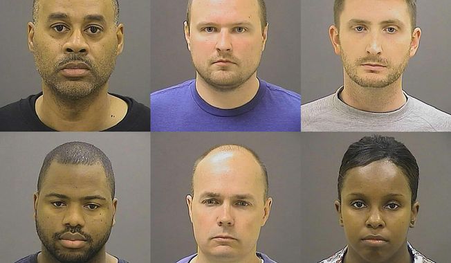 These undated photos provided by the Baltimore Police Department, show Baltimore police officers, top row from left, Caesar R. Goodson Jr., Garrett E. Miller and Edward M. Nero, and bottom row from left, William G. Porter, Brian W. Rice and Alicia D. White, charged with felonies ranging from assault to murder in the police-custody death of Freddie Gray. A grand jury indicted the six officers, State&#x27;s Attorney Marilyn Mosby said Thursday, May 21, 2015. (Baltimore Police Department via AP, File)