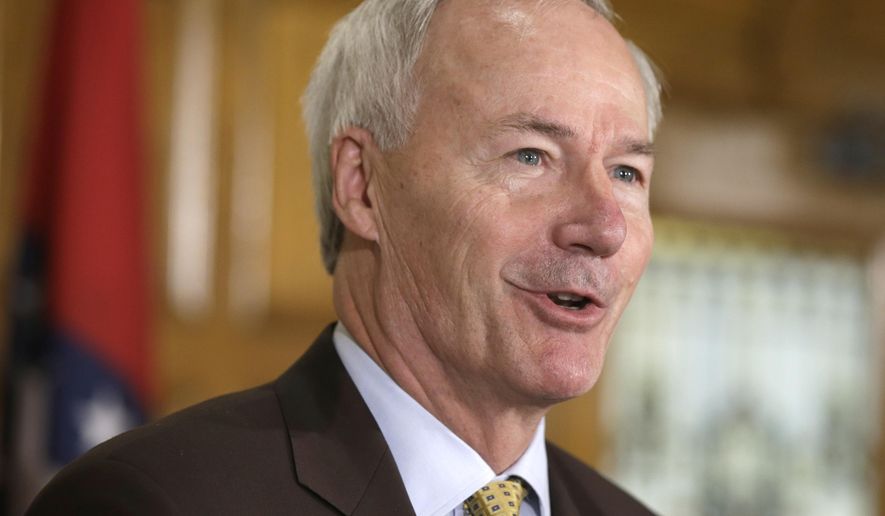 Arkansas Gov. Asa Hutchinson speaks about a special legislative session at the Arkansas state Capitol in Little Rock, Ark., Thursday, May 21, 2015. The session, Hutchinson is calling to take up an incentive package aimed at helping the state land a defense contract, is scheduled to begin Tuesday, May 26. (AP Photo/Danny Johnston)