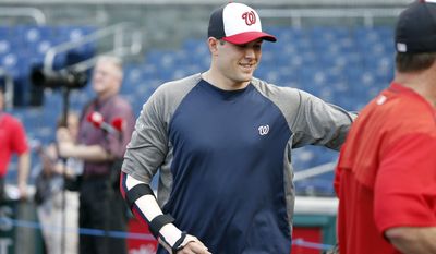 Washington Nationals relief pitcher Craig Stammen (35) wears a brace on his arm before an interleague baseball game against the New York Yankees at Nationals Park, Tuesday, May 19, 2015, in Washington. (AP Photo/Alex Brandon)
