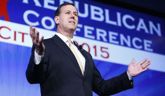 Former Pennsylvania Sen. Rick Santorum speaks at the Southern Republican Leadership Conference in Oklahoma City on Thursday, May 21, 2015. (AP Photo/Alonzo Adams) ** FILE **