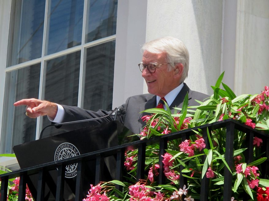 Charleston Mayor Joseph P. Riley Jr. points at a member of the audience during the opening ceremonies of the Spoleto Festival USA in Charleston, S.C., Friday, May 22, 2015. It was the last time Riley opened the festival he helped establish in Charleston almost 40 years ago. Riley is retiring at the end of the year. The 39th season of the arts festival continues through June 7, 2015. (AP Photo/Bruce Smith)