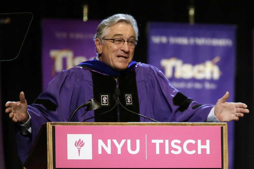 Actor Robert De Niro addresses the class of 2015, faculty, and guests during New York University's Tisch School of the Arts commencement ceremony, Friday, May 22, 2015, in New York. De Niro, who quit high school to pursue an acting career, was the honored speaker at the raucous ceremony for 1,200 graduates at The Theater at Madison Square Garden. (AP Photo/Mary Altaffer)