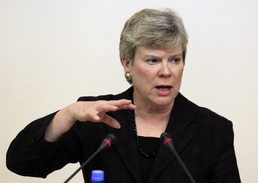 FILE- In this March 30, 2012 file photo, Rose Gottemoeller, Acting Under Secretary for Arms Control and International Security, delivers a lecture to students in Moscow. Gottemoeller spoke for the U.S. delegation Friday, May 22, 2015, in blocking the final conference document during a landmark nuclear treaty review conference at the United Nations. (AP Photo/Sergey Ponomarev, File)