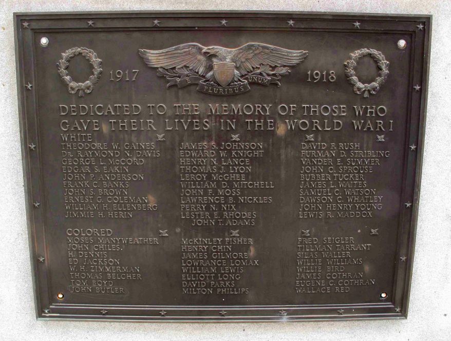 FILE - This photo taken Jan. 22, 2015 shows a plaque honoring World War I soldiers on Greenwood County memorial. The former governor who helped push to have the Confederate flag removed from atop the South Carolina Statehouse dome has some advice for people in Greenwood who want to change the plaques on a war memorial that separates fallen soldiers by race but can't without a two-thirds vote of the Legislature because of one tenent of the compromise. "No one is going to challenge them if they just go ahead and do it," said Jim Hodges. (AP Photo/Jeffrey Collins)
