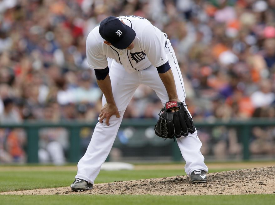 Detroit Tigers pitcher Anibal Sanchez reacts after giving up a three-run home run to Houston Astros' Preston Tucker during the sixth inning of a baseball game Sunday, May 24, 2015, in Detroit. The Astros defeated the Tigers 10-8. (AP Photo/Duane Burleson)