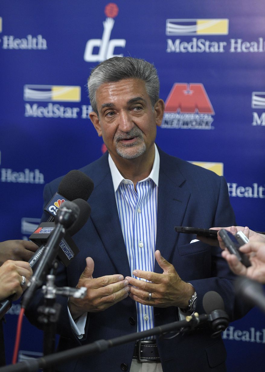 Ted Leonsis, Monumental Sports & Entertainment founder, chairman, majority owner and CEO, speaks to reporters before the Washington Mystics played the Minnesota Lynx during an WNBA basketball special analytic scrimmage, Tuesday, May 26, 2015, in Washington. (AP Photo/Nick Wass)