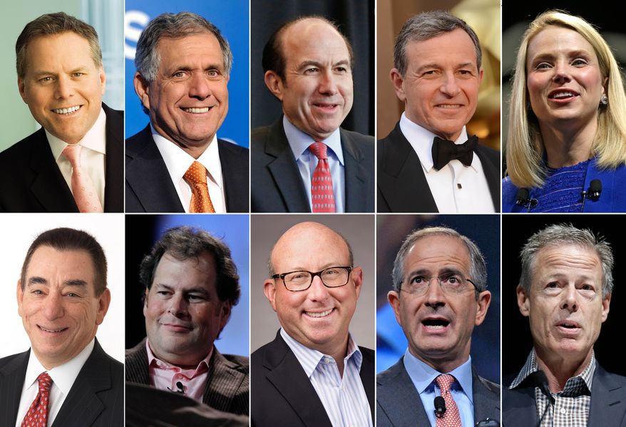 This photo shows the ten highest-paid CEOs in 2014, according to a study carried out by executive compensation data firm Equilar and The Associated Press. Top row, from left: David Zaslav, Discovery Communications; Les Moonves, CBS; Philippe Dauman, Viacom; Robert Iger, Walt Disney; and Marissa Mayer, Yahoo. Bottom row, from left: Leonard Schleifer, Regeneron Pharmaceuticals; Marc Benioff, Salesforce; Jeffrey Leiden, Vertex Pharmaceuticals; Brian Roberts, Comcast; and Jeffrey Bewkes, Time Warner. (AP Photo)