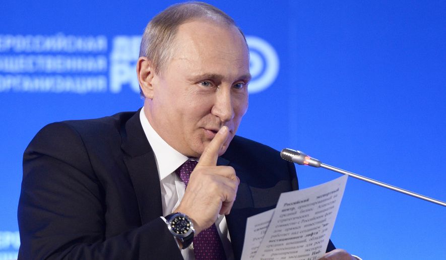 Russian President Vladimir Putin gestures as he speaks at the 10th business forum &quot;Business Russia&quot; in Moscow on Tuesday, May 26, 2015. (Associated Press) ** FILE **