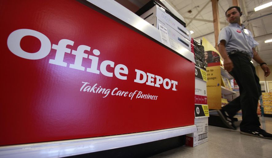This July 12, 2010 file photo shows signage at an Office Depot store in Mountain View, Calif. (AP Photo/Paul Sakuma, File)
