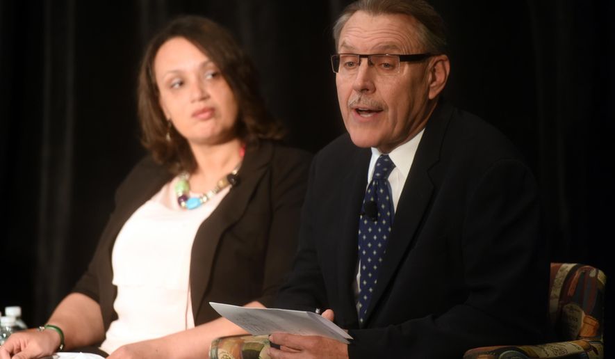 Tonya Allen, left, president and CEO of The Skillman Foundation, and John Rakolta Jr., CEO of Walbridge speak on Detroit's education struggles at the Mackinac Policy Conference, Wednesday, May 27, 2015 on Mackinac Island, Mich. Prominent Detroit-area business and community leaders say the Republican-led Legislature has no excuse to ignore Detroit Public School's debt because the state ultimately is constitutionally responsible for it. (Tanya Moutzalias/The Ann Arbor News via AP) LOCAL TELEVISION OUT; LOCAL INTERNET OUT