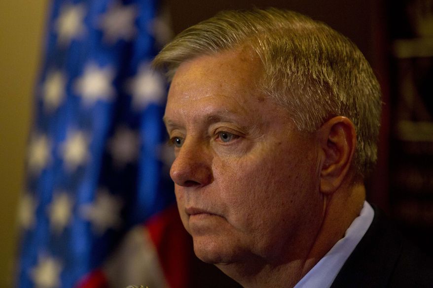 U.S. Sen. Lindsey Graham speaks during a press conference in Jerusalem, Wednesday, May 27, 2015. Graham said allowing the United Nations to decide the Israeli-Palestinian peace process is a "mistake." The South Carolina senator is a Republican foreign policy hawk and critic of President Barack Obama's handling of the Middle East. (AP Photo/Sebastian Scheiner)