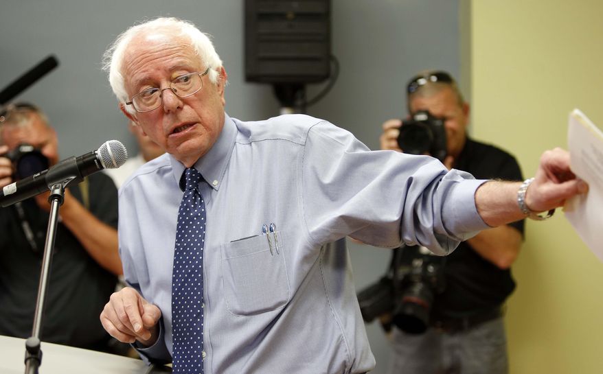 Democratic presidential candidate Sen. Bernie Sanders, I-Vt, speaks at a town hall style meeting, Wednesday, May 27, 2015, in Concord, N.H. (AP Photo/Jim Cole)
