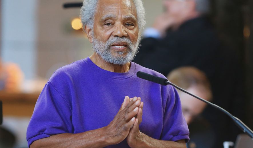 Neb. state Sen. Ernie Chambers of Omaha speaks in Lincoln, Neb., Wednesday, May 27, 2015, during debate on overriding Gov. Pete Ricketts' veto of a death penalty repeal bill, in a vote that would make it the first traditionally conservative state to abolish capital punishment in more than four decades. (AP Photo/Nati Harnik)