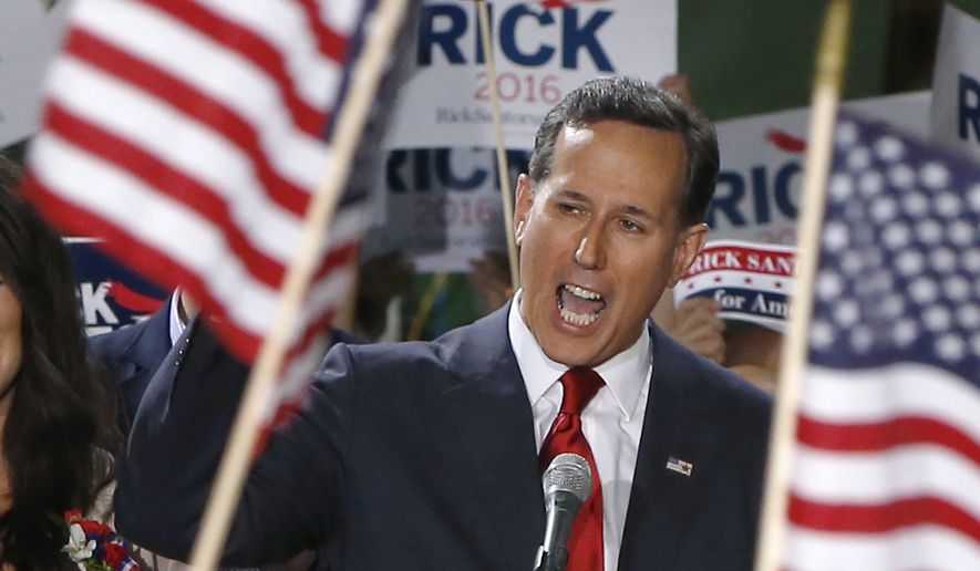 Former U.S. Sen. Rick Santorum announces his candidacy for the Republican nomination for President of the United States in the 2016 election on Wednesday, May 27, 2015 in Cabot, Pa. (AP Photo/Keith Srakocic) ** FILE **