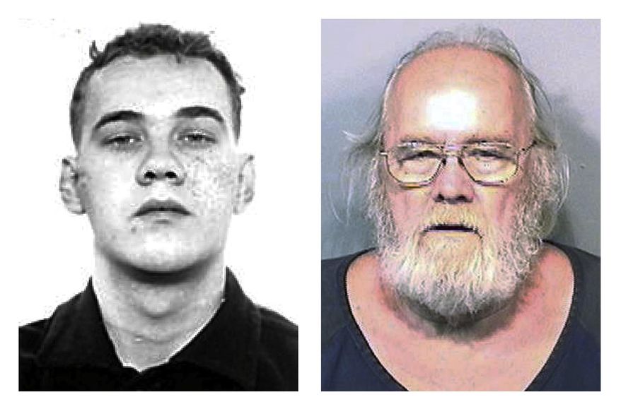 This pair of photo shows shows Harold Frank Freshwaters, left, in a Feb. 26, 1959 Ohio State Reformatory photo released by the U.S. Marshals Service, and right, in a May 4, 2015, booking photo released by the Brevard County Sheriff's Office. Freshwaters, 79, of Akron, Ohio, was arrested by U.S. Marshals on May 4, 2015 by in Melbourne, Fla. He was convicted of voluntary manslaughter for killing a pedestrian with his car in 1957. Freshwaters initially received a suspended sentence but was imprisoned in 1959 for a parole violation. He fled a prison farm in northwest Ohio later that year. (AP Photo/Ohio State Reformatory and Brevard County Sheriff's Office)