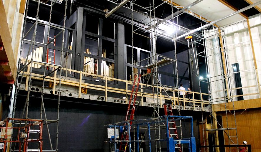 The new Casavant FrËres concert pipe organ can be seen in the second-floor alcove in the main performance hall of Hope College's Jack H. Miller Center for Musical Arts in Holland, Mich., Friday, May 15, 2015. Construction of the music center is slated for completion by fall 2015. (Amy Biolchini/Holland Sentinel via AP)