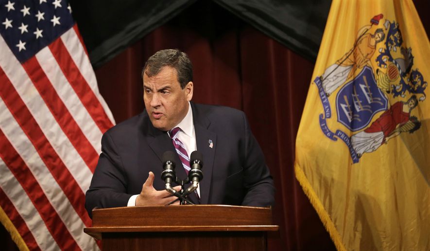 New Jersey Gov. Chris Christie addresses a gathering at Burlington County College Thursday, May 28, 2015, in Pemberton, N.J. Christie is backing away from the use of Common Core school standards, saying the system isn&#x27;t working for students in New Jersey.  (AP Photo/Mel Evans)