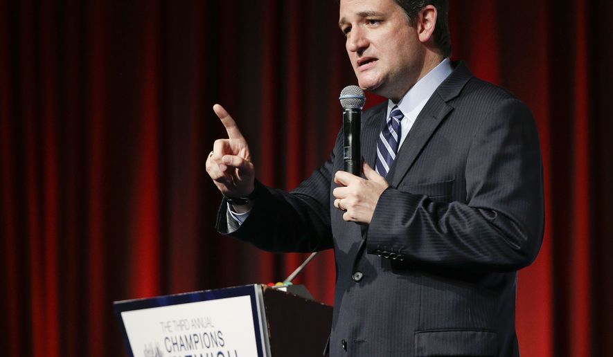 Republican Presidential candidate Sen. Ted Cruz speaks at the Third Annual Champions of Jewish Values International Awards Gala after receiving a Defender of Israel award Thursday, May 28, 2015, in New York. (AP Photo/Julie Jacobson)