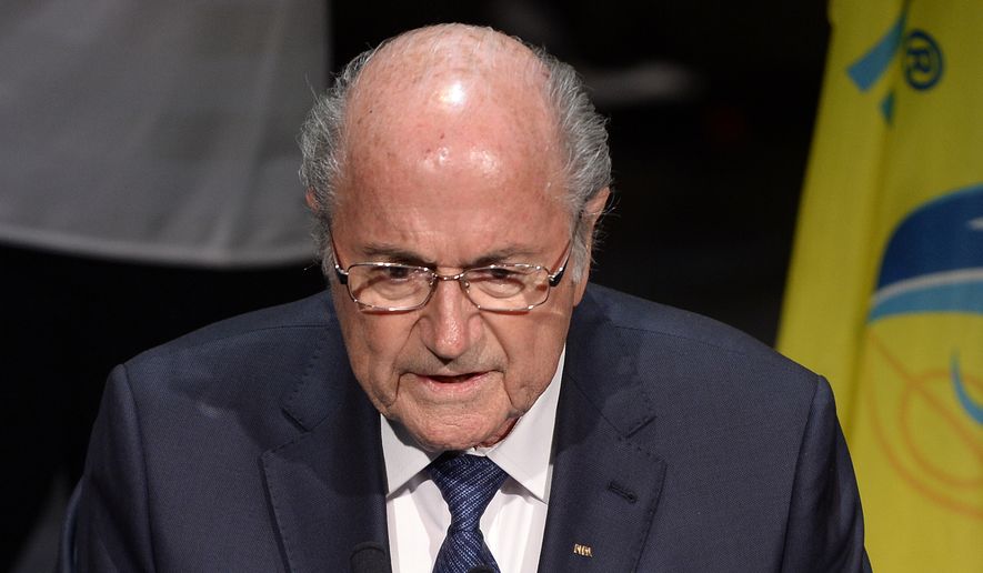 FIFA President Sepp Blatter speaks at the opening ceremony of the FIFA congress in Zuerich, Switzerland, Thursday, May 28, 2015. The FIFA congress with the president&#39;s election is scheduled for Friday, May 29, 2015 in Zurich. (Walter Bieri/Keystone via AP)