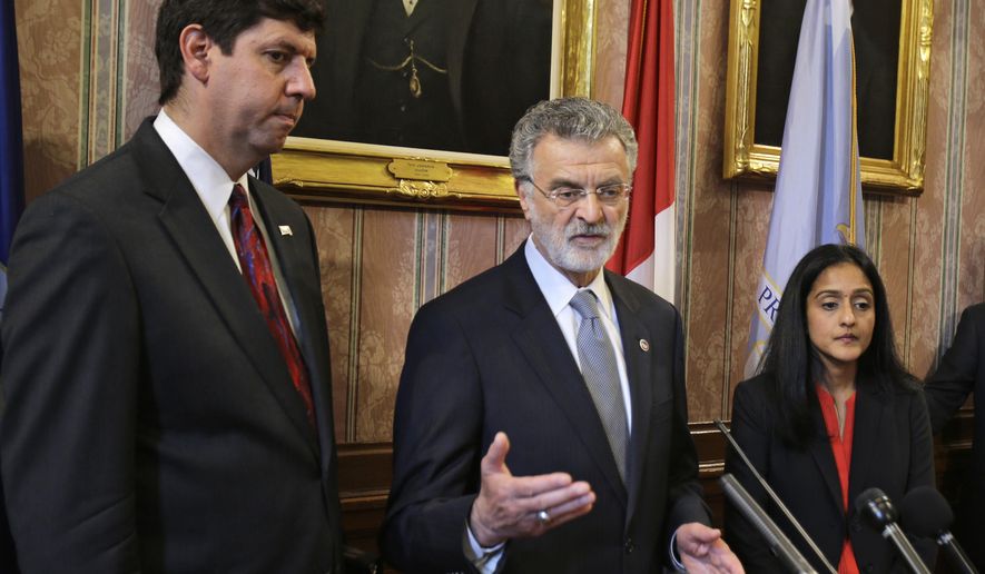 In t Tuesday, May 26, 2015 photo, Cleveland Mayor Frank Jackson speaks at a news conference announcing the settlement agreement with the City of Cleveland, in Cleveland as U.S. Attorney Steven Dettelbach, left, and Vanita Gupta, head of civil rights division at the Department of Justice listen. Cleveland’s settlement agreement with the U.S. Department of Justice on reforming its police department calls for civilians to play influential roles in investigating police misconduct and establishing policies and procedures. (AP Photo/Tony Dejak)
