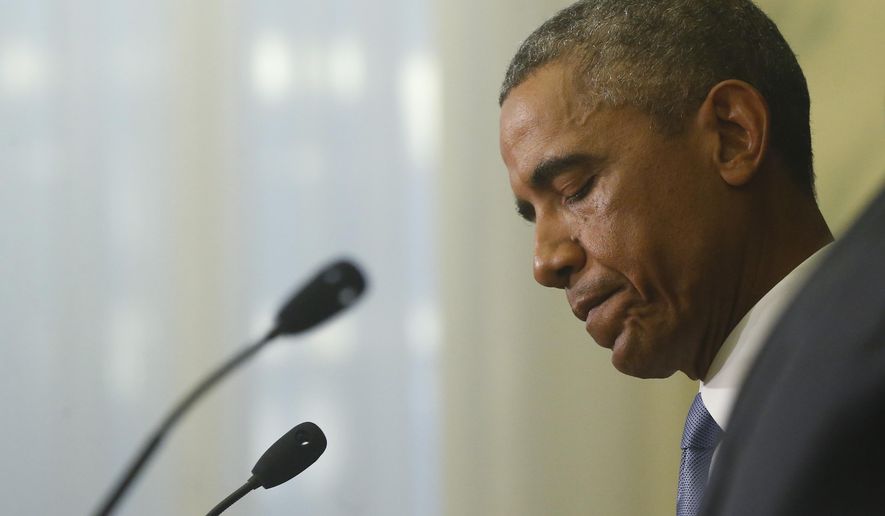 In this photo taken Sept. 3, 2014, President Barack Obama pauses while speaking about U.S. journalist Steven Sotloff, killed by Islamic State militants, in Tallinn, Estonia. The president has met with the family of an American journalist who was killed last year by the Islamic State group. Steven Sotloff was a 31-year-old Miami-area native who freelanced for Time and Foreign Policy magazines. He had vanished in Syria, and then last September, militants released a video showing Sotloff's beheading. (AP Photo/Charles Dharapak, File)