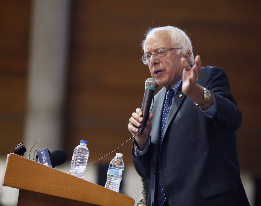 Sen. Bernie Sanders, I-Vt., speaks during a rally at the American Indian Center, Sunday, May 31, 2015 in Minneapolis. Sanders is seeking the Democratic nomination for president. (Jerry Holt/The Star Tribune via AP)