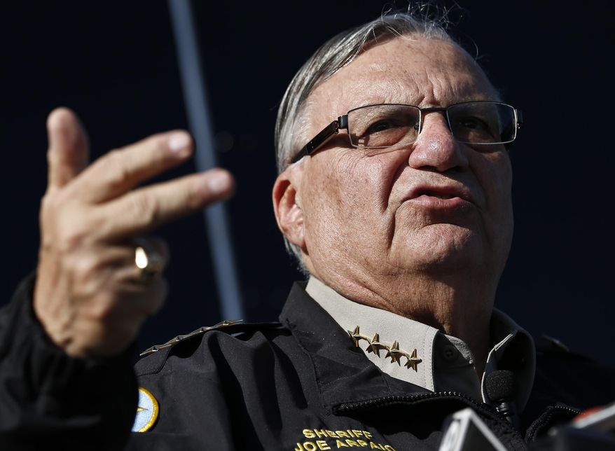 FILE - In this Jan. 9, 2013, file photo Maricopa County Sheriff Joe Arpaio speaks with the media in Phoenix. The U.S. Supreme Court landed the final blow against an Arizona law that denied bail to immigrants who are in the country illegally and are charged with certain felonies, marking the latest in a series of state immigration policies that have since been thrown out by the courts. The nation's highest court on Monday, June 1, 2015, rejected a bid from metro Phoenix's top prosecutor and Arpaio to reinstate the 2006 law after a lower appeals court concluded late last year that it violated civil rights by imposing punishment before trial. (AP Photo/Ross D. Franklin, File)
