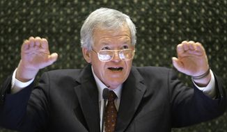 Former U.S. House Speaker Dennis Hastert speaks to lawmakers on the Illinois House of Representatives floor at the state Capitol in Springfield, Ill., in this March 5, 2008, file photo. (AP Photo/Seth Perlman, File)
