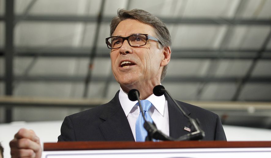 Former Texas Gov. Rick Perry speaks to supporters to announced the launch of his presidential campaign for the 2016 elections, Thursday, June 4, 2015, in Addison, Texas. (AP Photo/Tim Sharp)